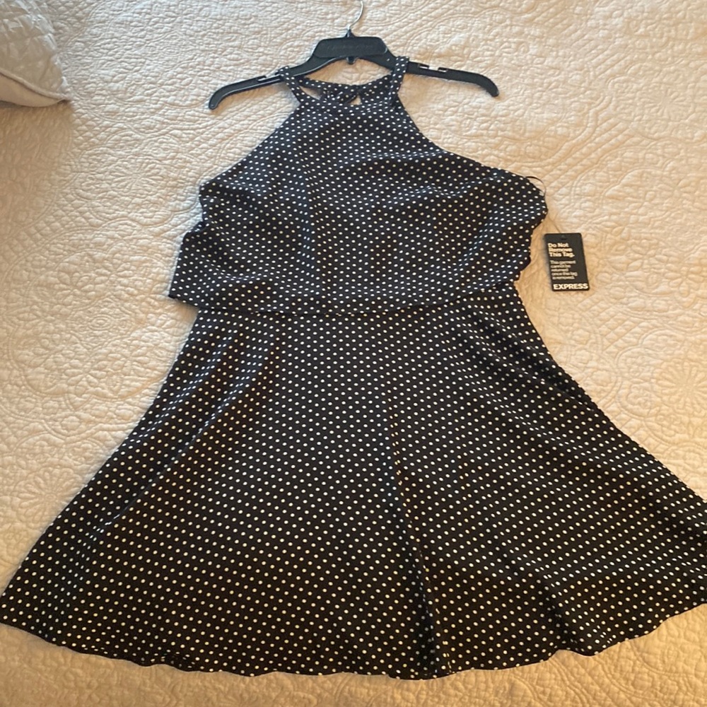 Express - navy with white polka dot dress.